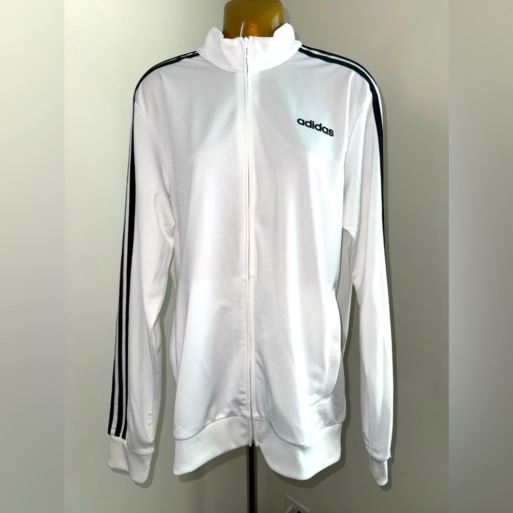 ✨🤍 Adidas White Zip-Up Jacket with Black Stripes